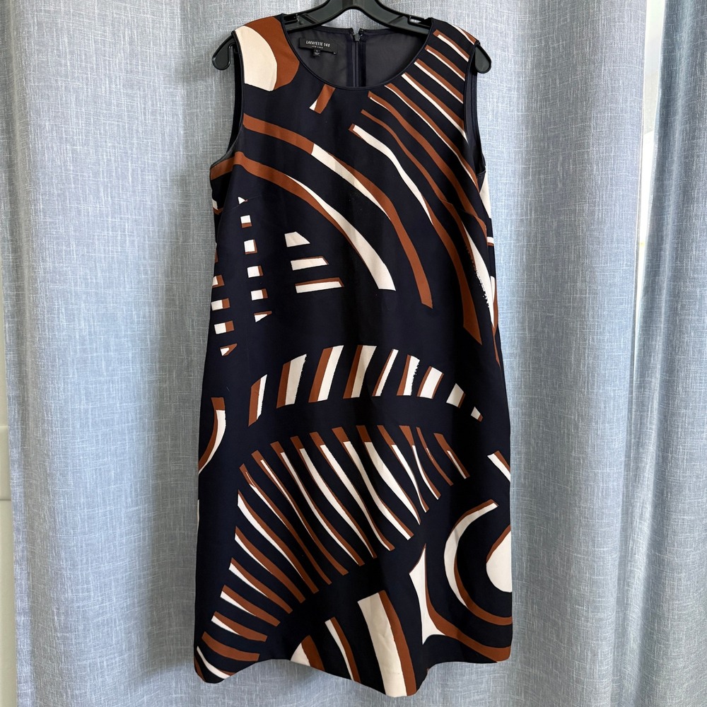Lafayette 148 Dress Womens L Navy Brown Abstract Geometric Sleeveless Shift